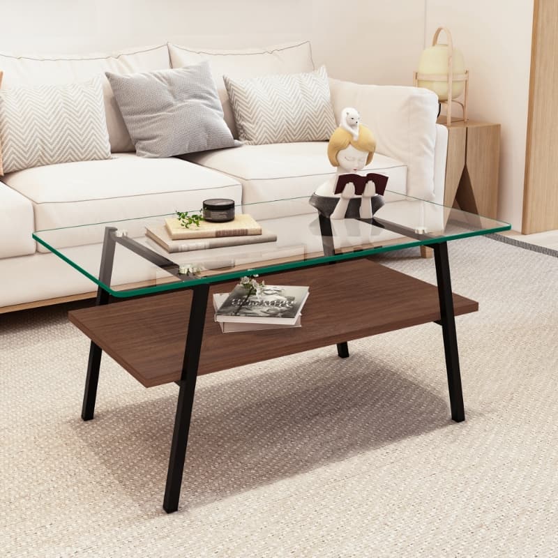 モダン長方形コーヒーテーブル 強化ガラス天板 リビング用クリアガラス ブラック脚 楽天市場】モダン長方形コーヒーテーブル 強化ガラス天板+MDF収納棚