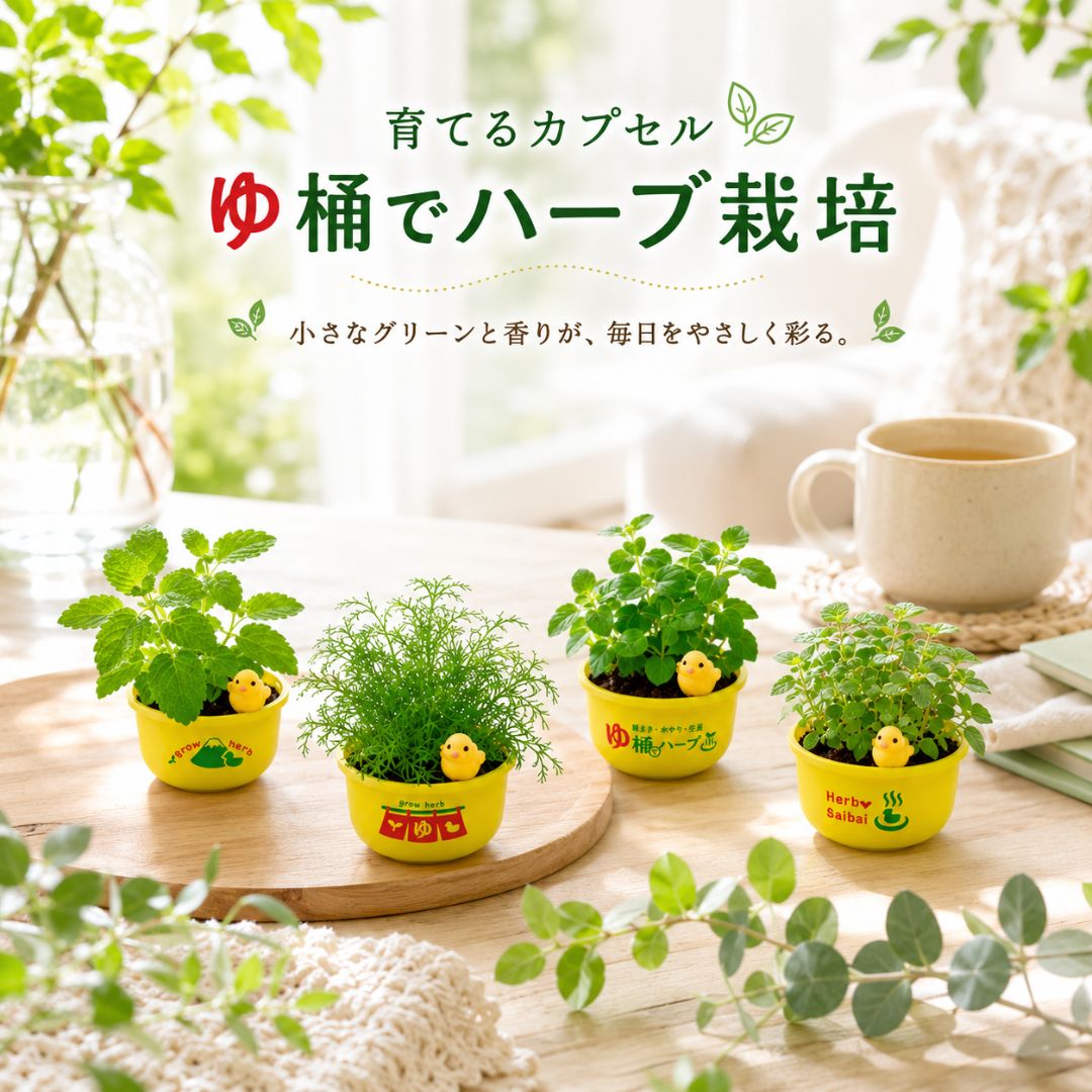 【セット販売】育てるカプセル ゆ桶でハーブ栽培 ハーブ栽培セット　育てるギフト 植物 プチギフト　家庭菜園 日本製 初心者　カモミール ペパーミント レモンバーム アップルミント 粗品　ノベルティ ガーデニング 癒グッズ コンパクトキット｜喜箱-kibaco-