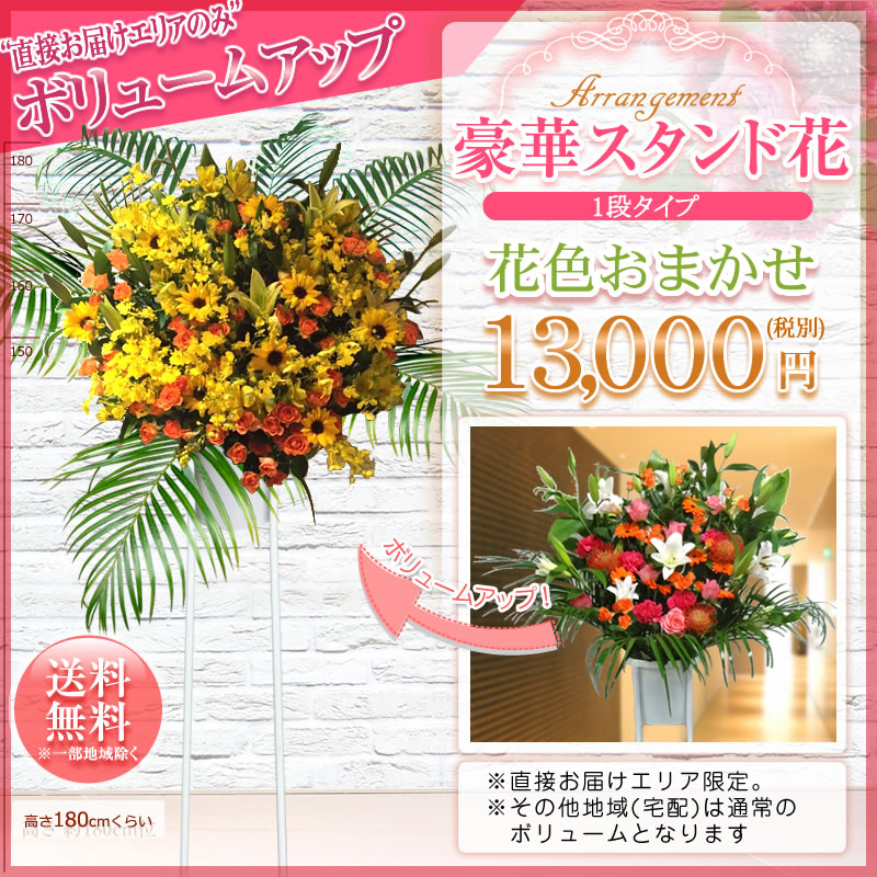 保証書付 スタンド花 1段 花ボリュームアップ 13 000円 送料無料 スタンド花 開店祝い 花 ギフト スタンド花 1段 高さ180cm位 東京都 神奈川県 一部除く 大阪府 札幌市 名古屋市 福岡市 スタンド花 開店祝い 移転 開院 お祝い 式典 公演 ライブ Stta