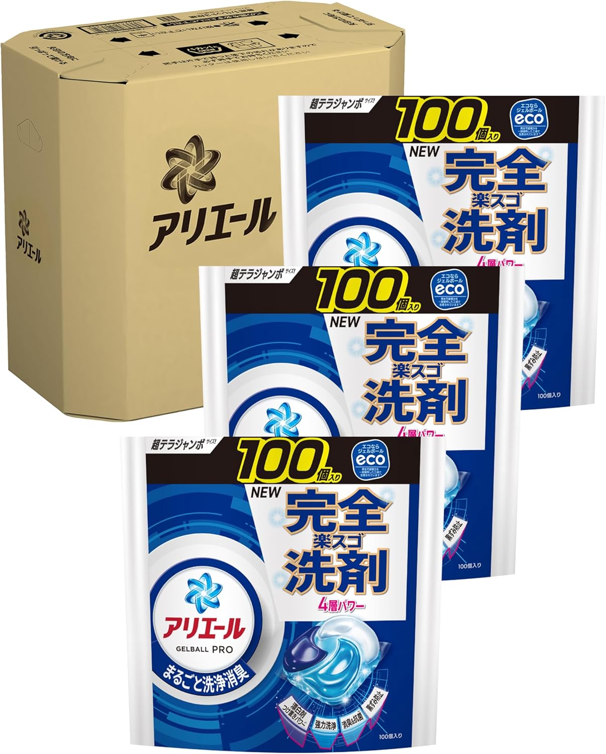 【お買い物マラソン期間中P7倍！まとめ買いクーポン有】アリエール 洗濯洗剤 ジェルボール プロ まるごと洗浄消臭 清潔でさわやかな香り 詰め替え 100個×3袋 つめかえ テラジャンボサイズ 特大容量 eco