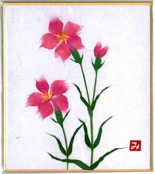 花模様の抽象的な絵画、大、中、小の花柄が織り成す華やかさの絵画 第百十九話 処暑の花絵「プルメリア」 | 二十四節気の花絵 | 花