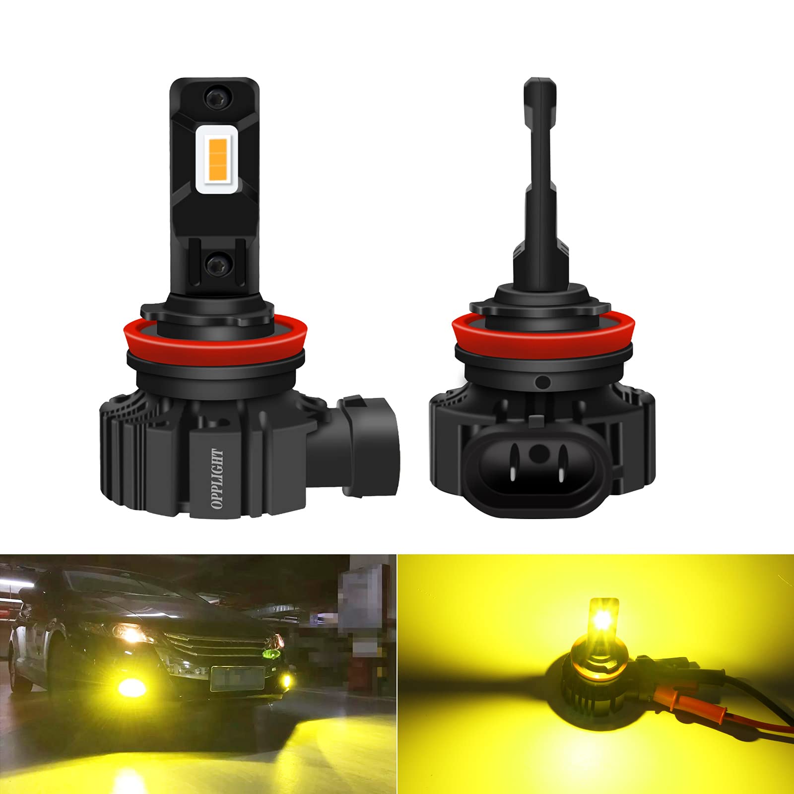 OPPLIGHT H11 LED フォグランプ レモン イエロー 淡黄色 3000K 車検対応 H16 H9 H8 兼用 6000LM 高照度 ファンレス 一体型 ポン付け 純正交換 H11 ヘッドライト用も可能 角度調整 12V車/24V車用 LEDバルブ 綺麗配光 2本入り (H16/H11/H9/H8, イエロー)【生活応援】