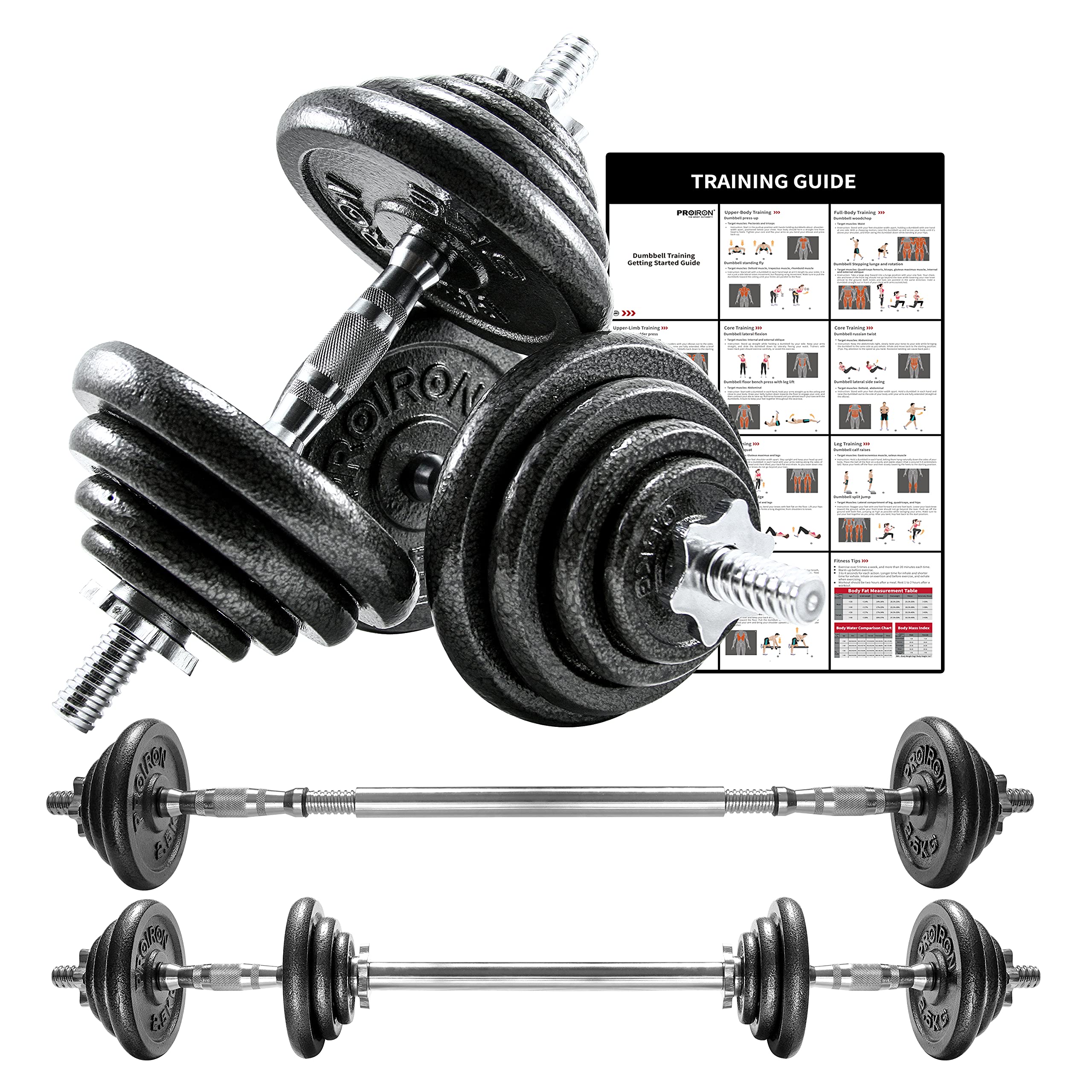 PROIRON ダンベル 鉄アレイ アジャスタブル 合計20kg ダンベル可変式 コネクション・チューブ（延長用シャフト）でバーベルにもなれるダンベル ホームジム 筋トレーニングとウェイトリフティング用【生活応援】｜メガホーム 9,100円