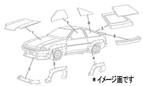 楽天市場】TRD ボディパーツ（競技専用部品 レビン・トレノ（3ドア車 ＊図No.8アクリルガラスクォータRH [ 68123-AE801]  カローラレビン AE86 適合 レビン・トレノ（3ドア車 (必要個数 1個) : 株式会社 スズキモータース