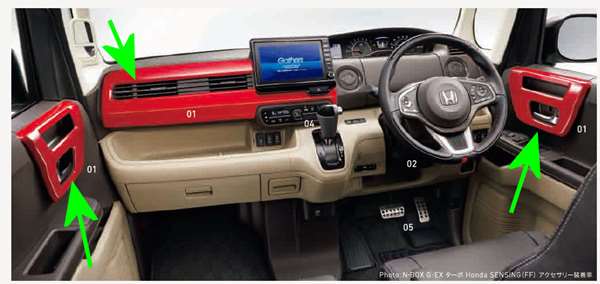 純正インテリアパネル　N-BOX 6BA-JF3 N-BOX NBOXカスタム JF3 JF4：純正 インテリアパネル (レッド シルバー