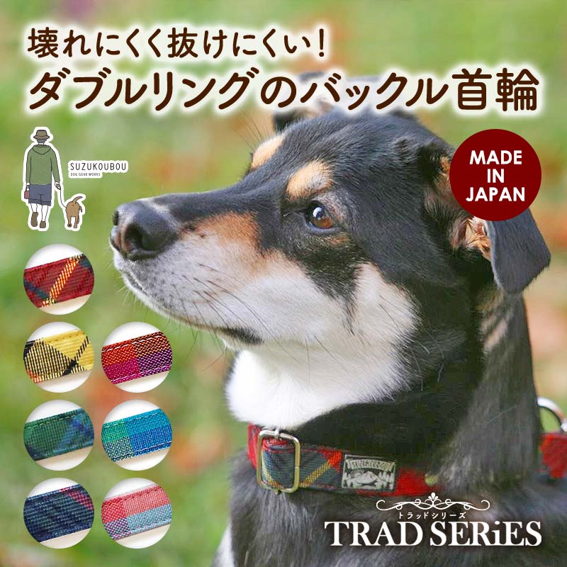 犬 首輪 小型犬 中型犬 大型犬 ダブルリング おしゃれ かわいい 日本製 名入れ可 迷子札 チェック タータンチェック ストライプ ボーダー バックル首輪