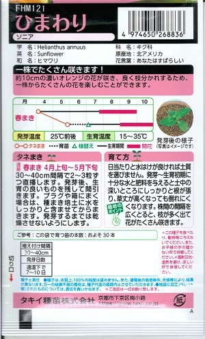 花種子 タキイ種苗 ひまわり ソニア 約３０本分 ２ｍｌ袋詰 新作入荷 新品 ひまわり