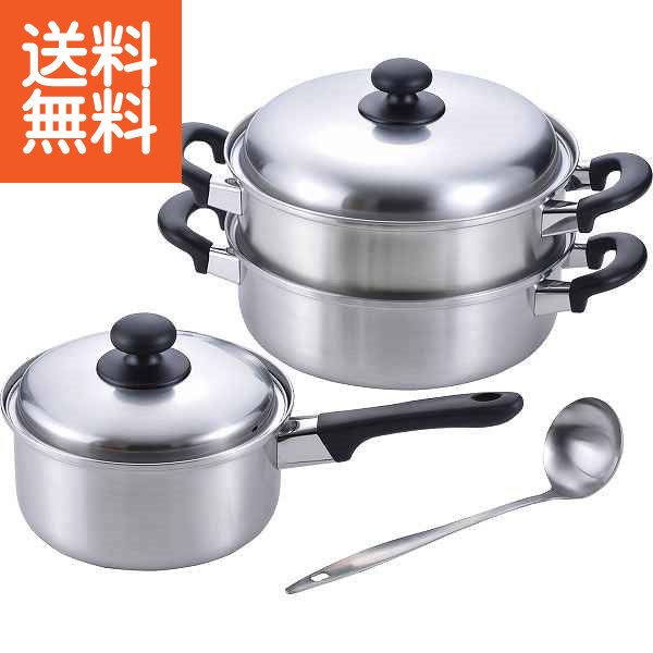 【送料無料】燕三 片手鍋（１８ｃｍ）＆二段蒸し器（２４ｃｍ）お玉付 ＜ＥＭ－０２１＞ 燕三 片手鍋１８ｃｍ＆二段蒸し プレゼント お祝い 誕生日祝い 敬老の日 母の日 父の日 自家消費にも 和平フレイズ 9,823円