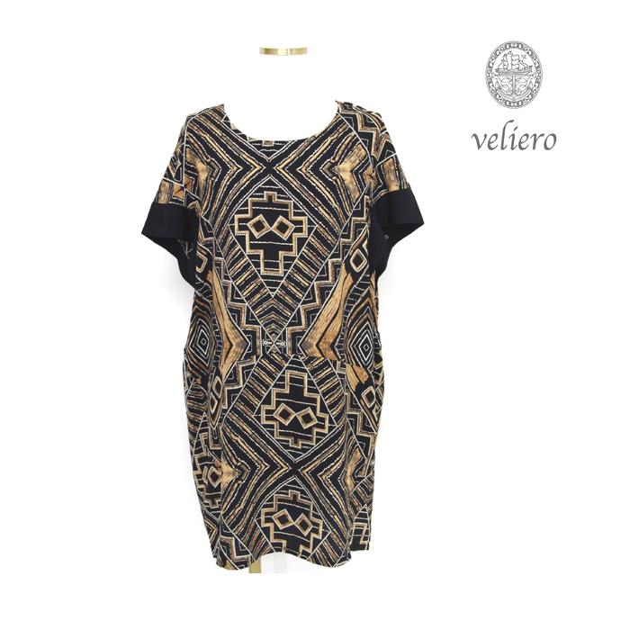 驚きの安さ 楽天市場 ヴァリエーロ Veliero エスニック風幾何学柄のチュニックワンピース フリーサイズ カットソー チュニック ネイティブ柄 シンプル ジャガード柄 フレア 丸首 襟なし 半袖 プリント柄 総柄 アジアン ノルディック 切り替え付き おしゃれ 長寸