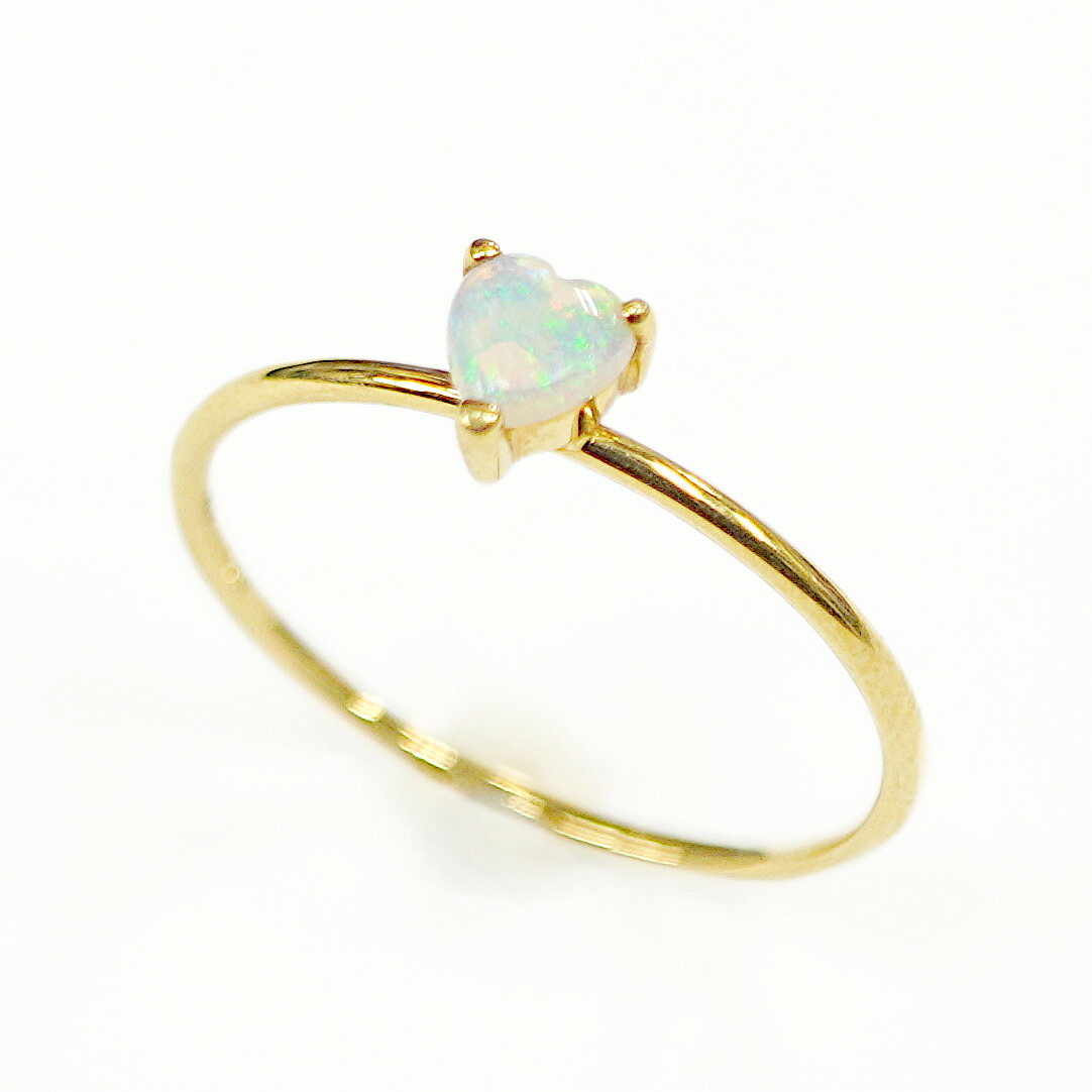 ■サイズ直し無料■ 【0.13ct】【K18】 オパールリング　ハート　華奢リング　カボション　１８Ｋ　１８金　イエローゴールド　テクスチャーリング　可愛い　オシャレ　プレゼント　ギフト