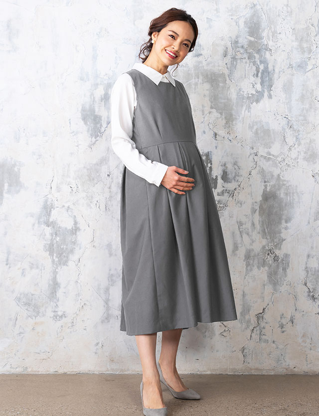 楽天市場 ノースリーブタックワンピース 授乳服 マタニティウェア 産前産後 マタニティ 事務服 無地 裏地付き オフィス 通勤 長め丈 タック入り オフィスウェア 仕事 ジャンパースカート シャンスカ マタニティ服と授乳服のsweetmommy