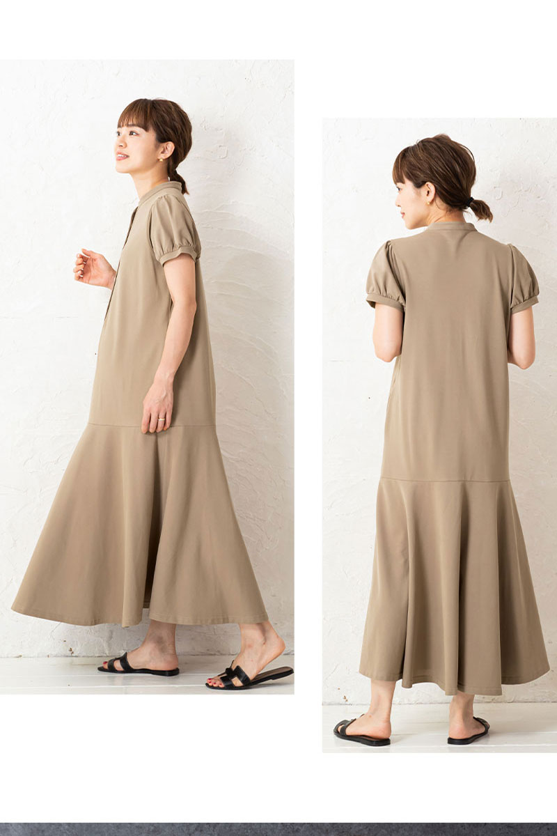 楽天市場 スタンドカラー清涼ワンピース 裾フレア 授乳服 授乳口 マタニティウェア マタニティ 服 ポロシャツワンピ 妊娠 出産 産前産後兼用 半袖 鹿の子 ボリューム袖 ぽわん袖 バルーン袖 親子リンク お揃い リンクコーデ ロングワンピ 長め丈 清涼 涼しげ カジュアル
