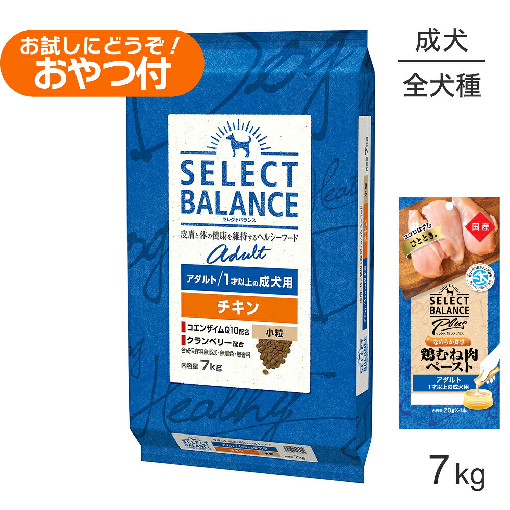 【最大400円ｵﾌｸｰﾎﾟﾝ■要事前取得】セレクトバランス アダルト チキン 小粒 1才以上の成犬用 7kg+成犬用 鶏むね肉ペースト (20g×4本)×2袋(犬・ドッグ)