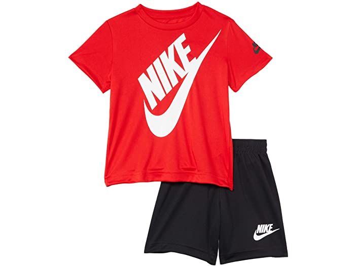 取寄 ナイキ ショートストップ スリーブ ロゴ グラフィック Tセーター アンド 短パン ツーフラグメント 背景 トドラー Nike Kids Short Sleeve Logo Graphic T Shirt Shorts Two Piece Set Toddler Black University Red Nike ナイキ キッズ 上下セット トップス パンツ 坊や