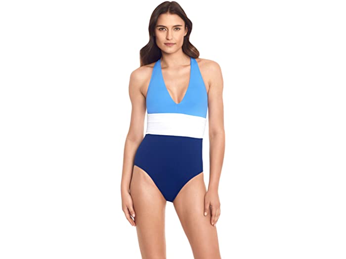 取寄 ローレン ラルフローレン レディース カラーブロック ツイスト バック ホルター ワンピース Lauren Ralph Lauren Women S Color Block Twist Back Halter One Piece Blue White Csg Com Py