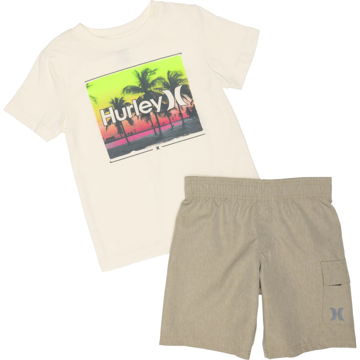 (取寄) ハーレー リトル ボーイズ グラフィック T-シャツ アンド ウーブン ショーツ セット - ショート スリーブ Hurley Little Boys Graphic T-Shirt and Woven Shorts Set - Short Sleeve Khaki画像