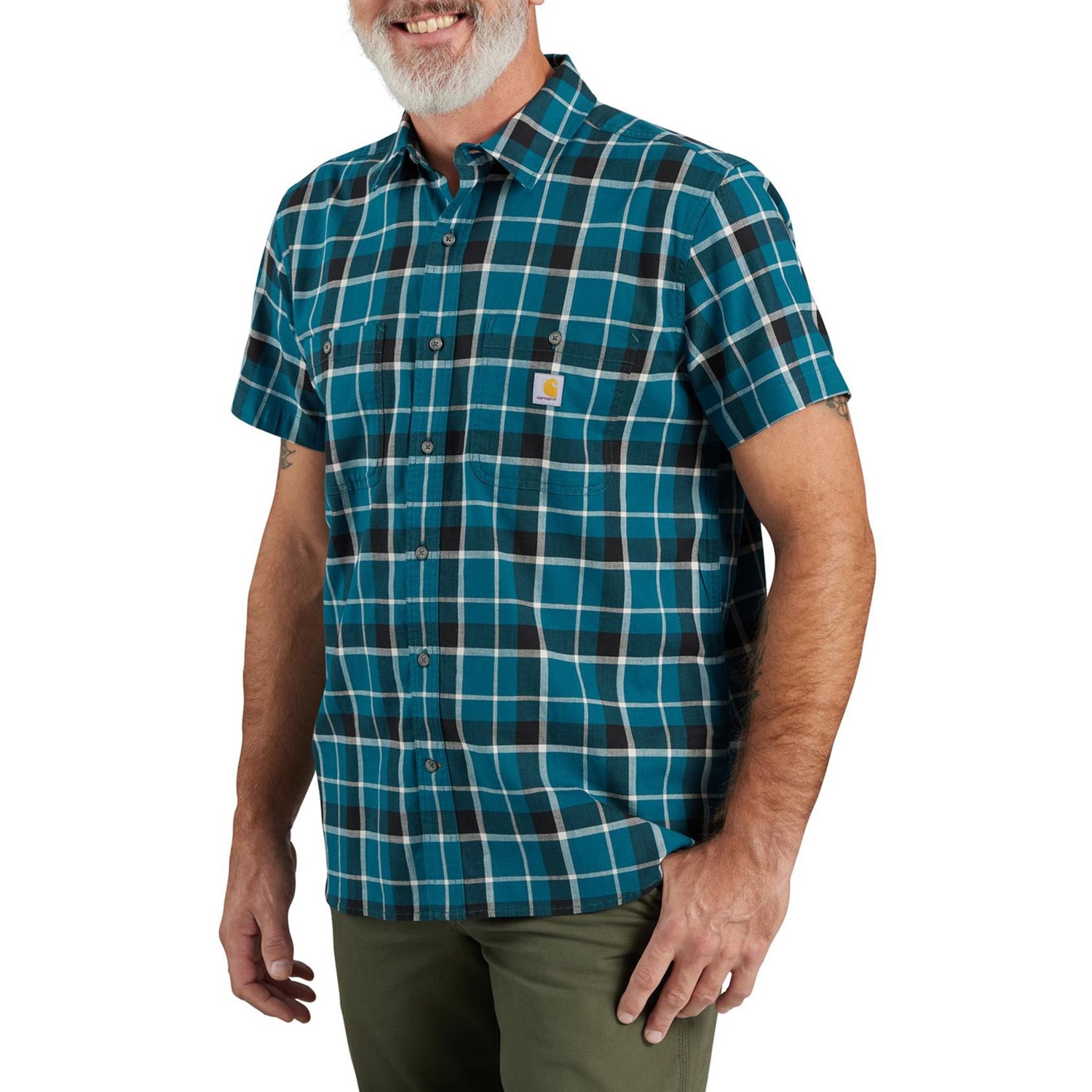 (取寄) カーハート ラギッド フレックス リラックスド-フィット フィット プレイド シャツ - ショート スリーブ Carhartt 106139 Rugged Flex Relaxed Fit Plaid Shirt - Short Sleeve Navy