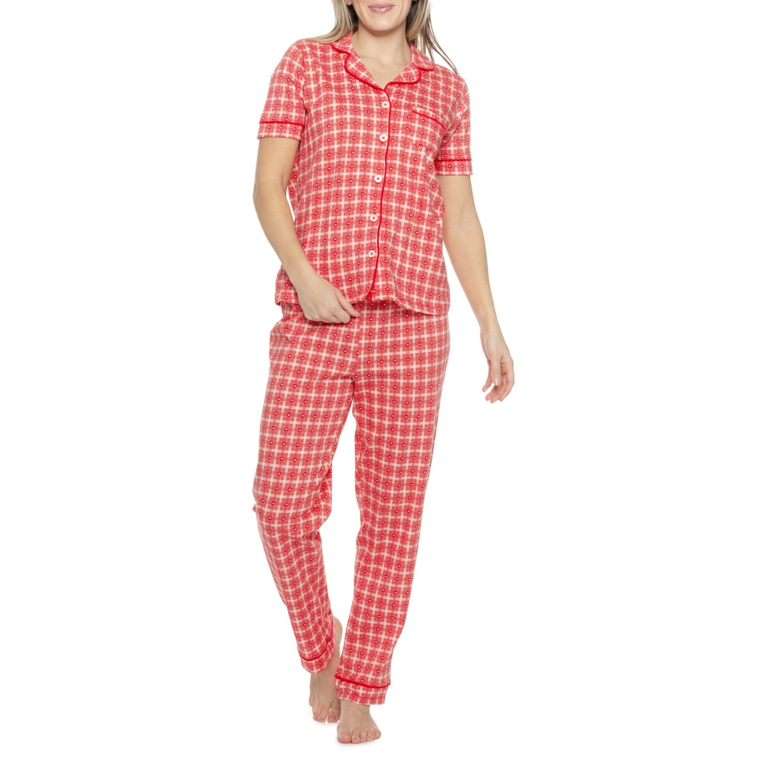 (取寄) バレンタインズ プレイド ノッチ カラー パジャマ - オーガニック コットン, ショート スリーブ Poppy & Clay Valentine's Plaid Notch Collar Pajamas - Organic Cotton, Short Sleeve Red Plaid