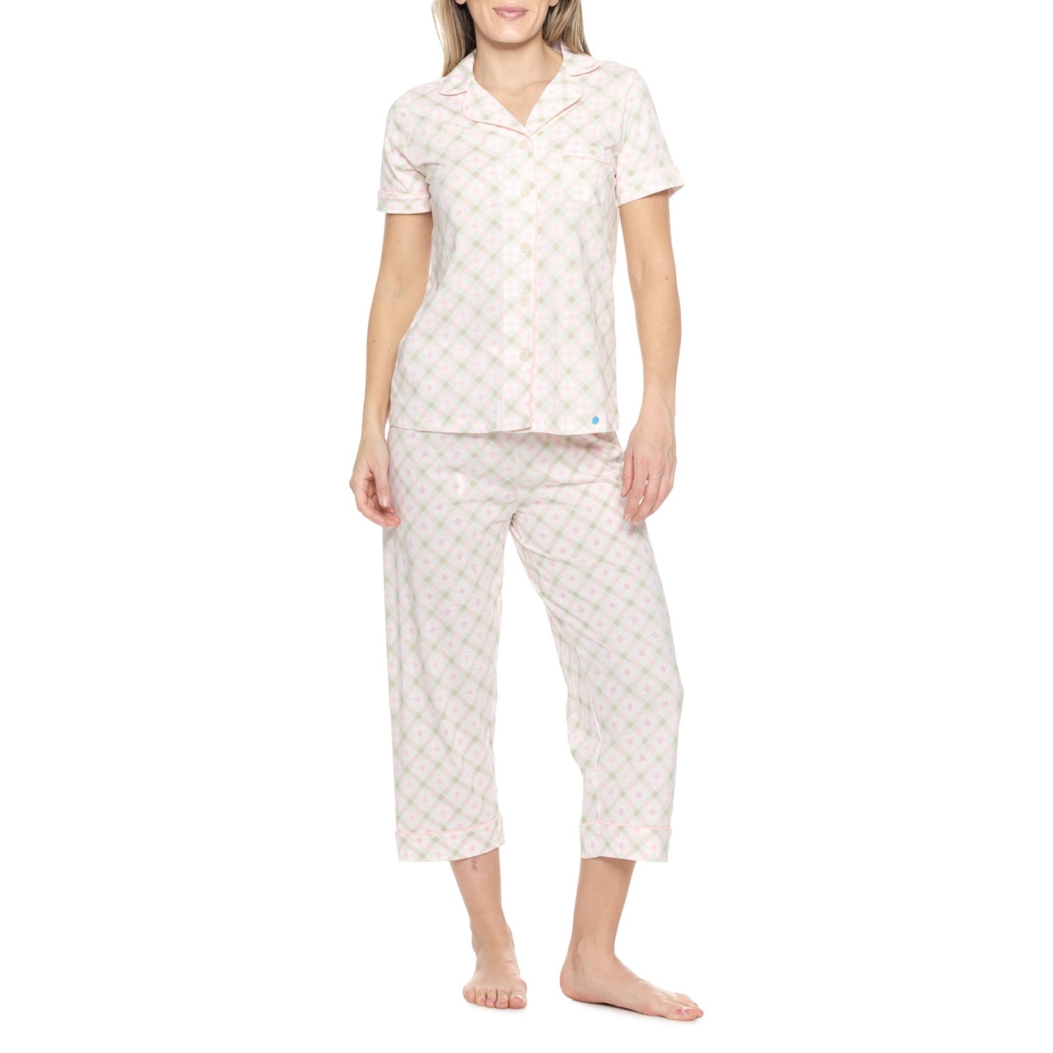 (取寄) プレイド ノッチ カラー パジャマ - オーガニック コットン, ショート スリーブ Poppy & Clay Plaid Notch Collar Pajamas - Organic Cotton, Short Sleeve Cream Multi Plaid