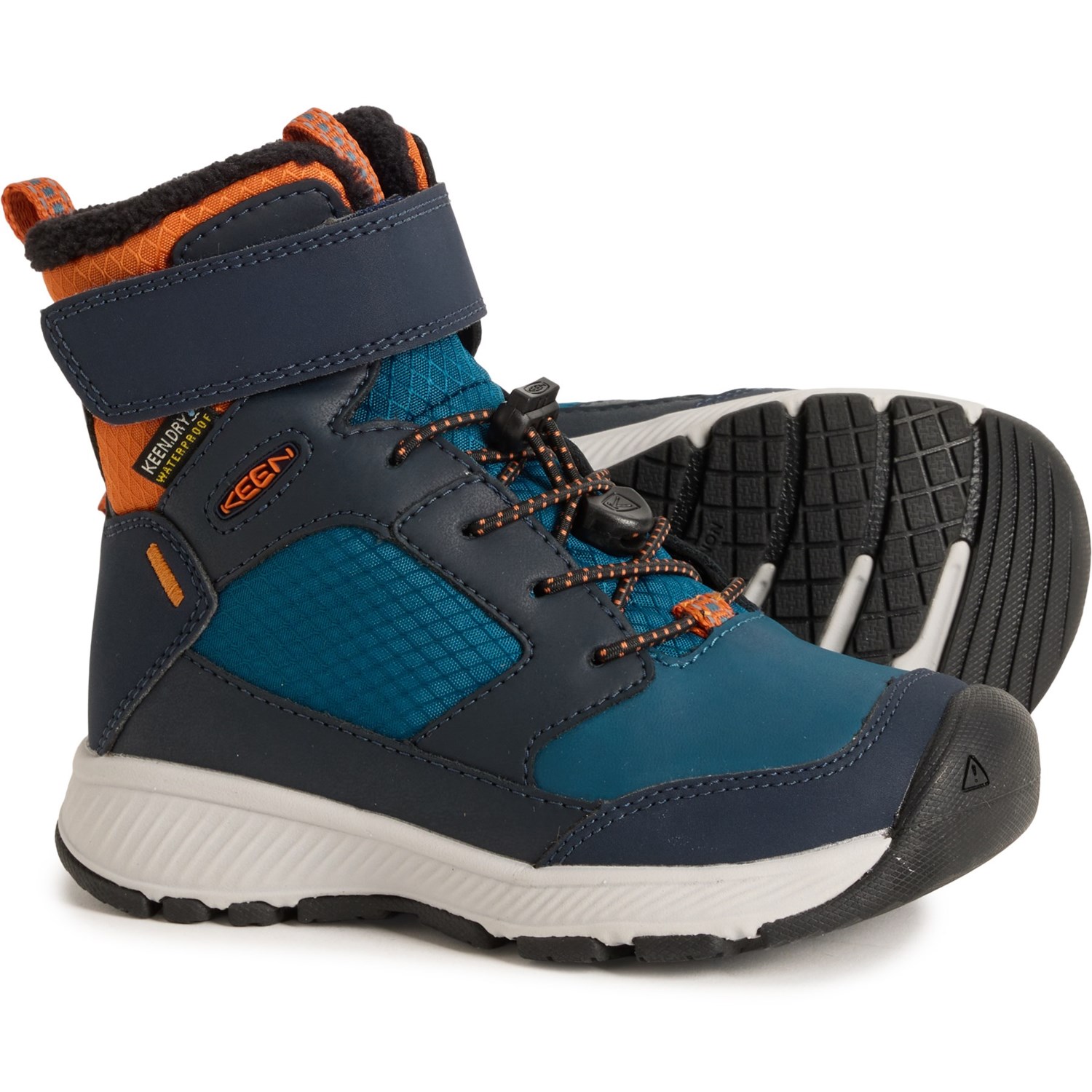 (取寄) キーン ボーイズ スキューア ウィンター ブーツ - ウォータープルーフ, インシュレイテッド レザー Keen Boys Skua Winter Boots - Waterproof, Insulated, Leather Sky Captain/Gold Flame