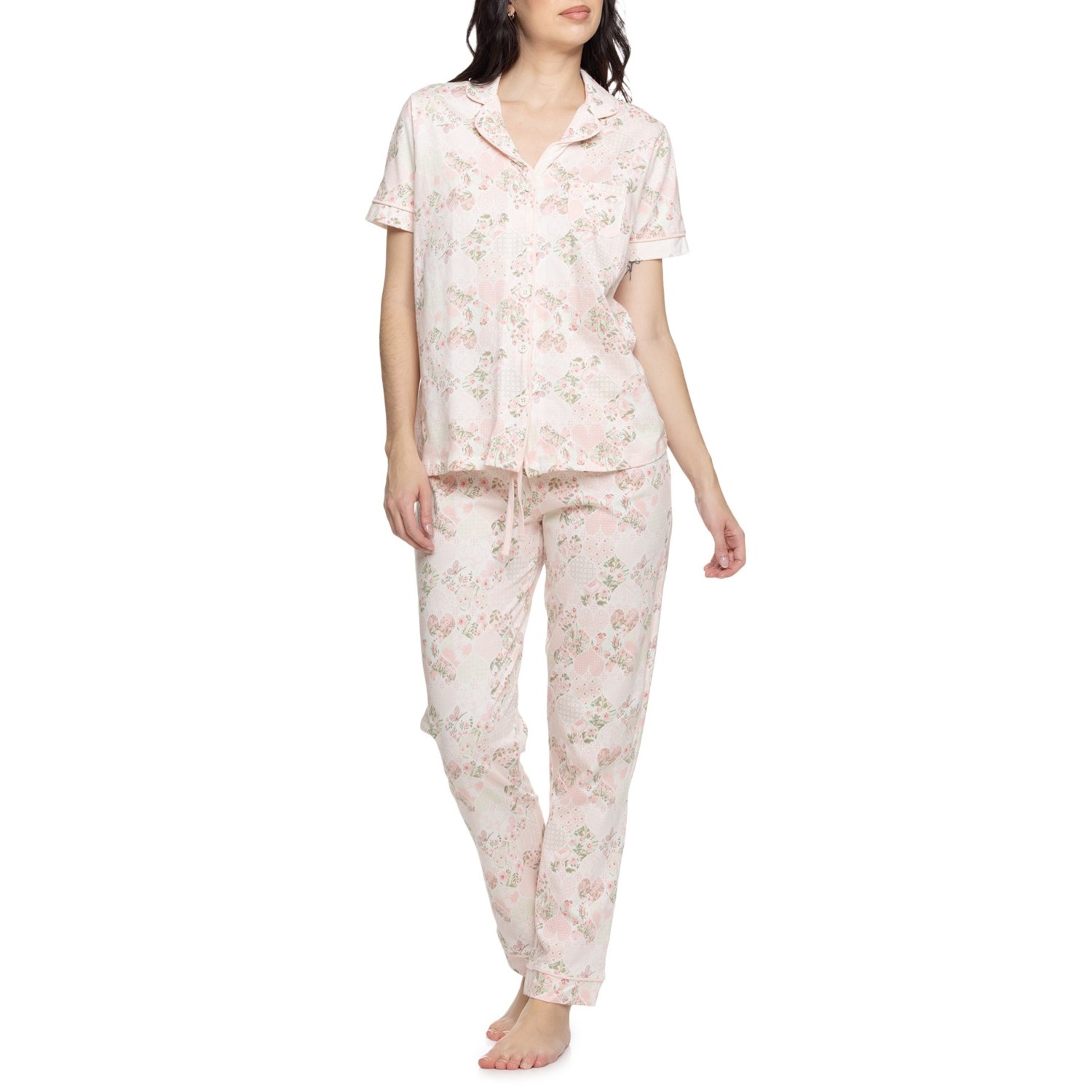 (取寄) ハート ペイズリー ノッチ カラー パジャマ - オーガニック コットン, ショート スリーブ Poppy & Clay Heart Paisley Notch Collar Pajamas - Organic Cotton, Short Sleeve Pink