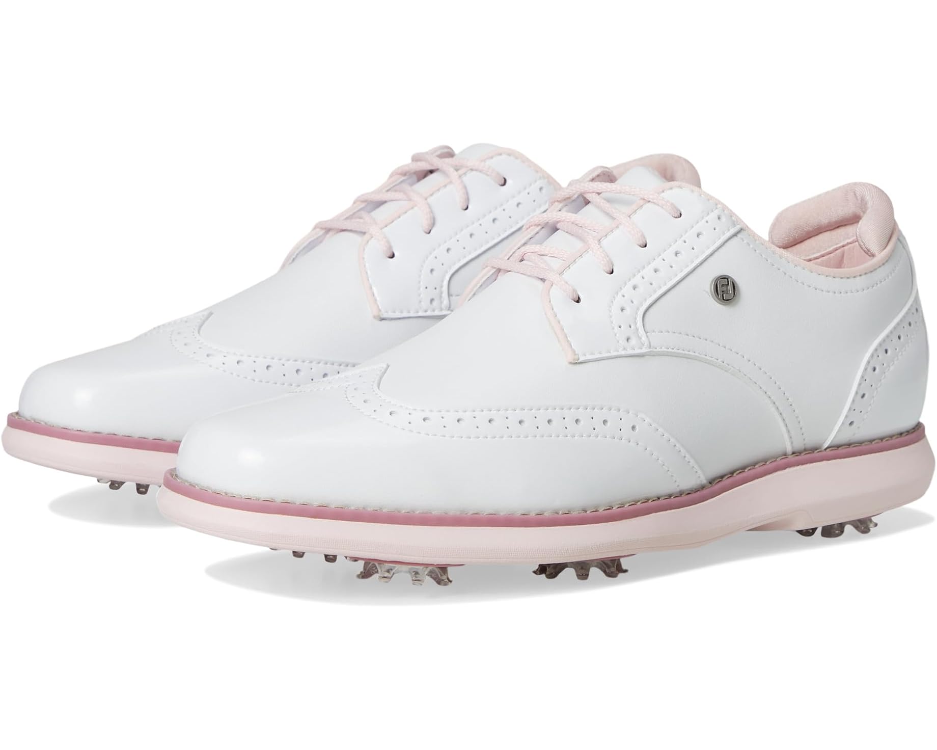 (取寄) フットジョイ レディース トラディションズ シールド ティップ ゴルフ シューズ FootJoy women Traditions Shield Tip Golf Shoes White/White/Pink｜スウィートラグ