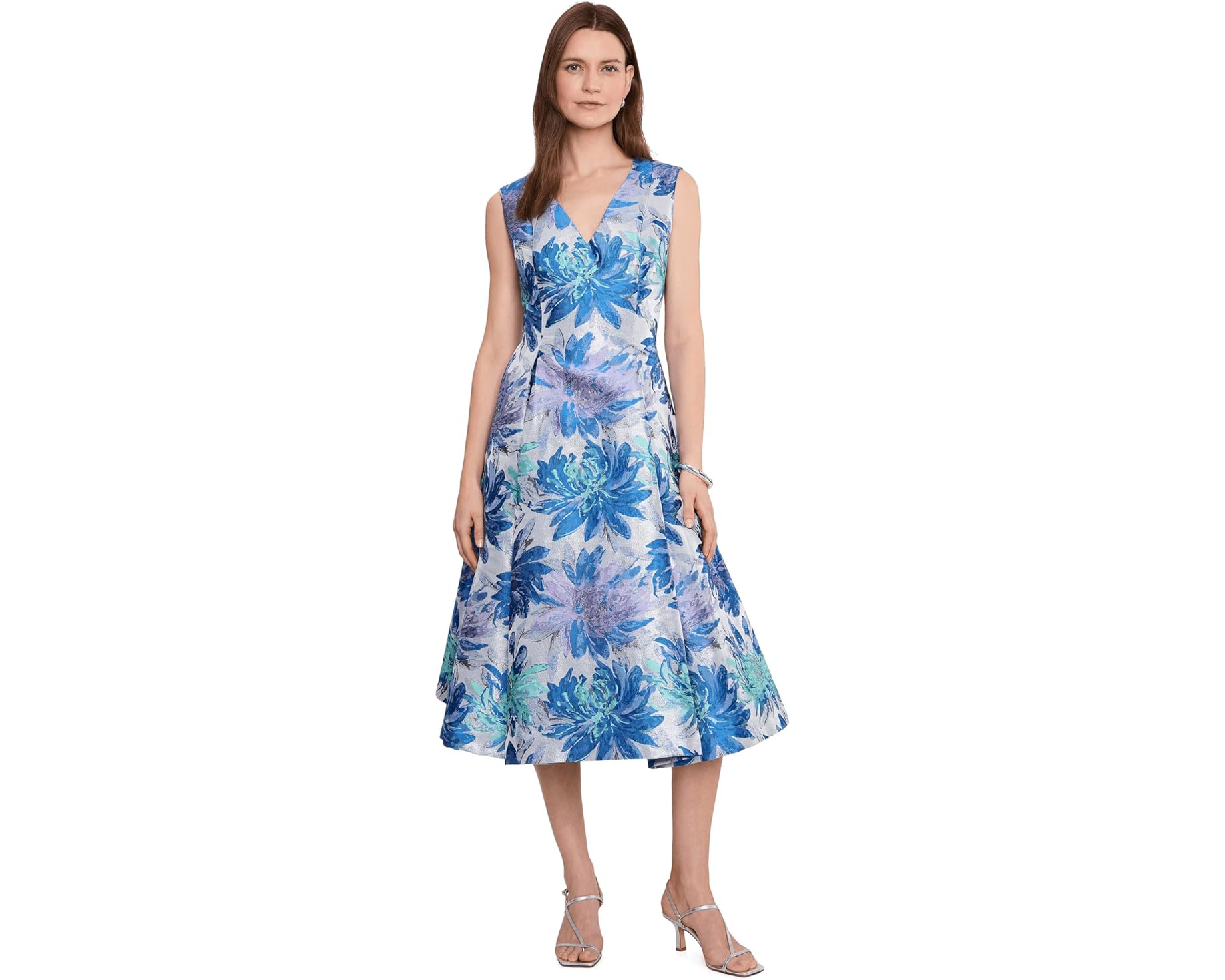 (取寄) アドリアナ パぺル レディース メタリック ジャカード ミディ ドレス Adrianna Papell women Metallic Jacquard Midi Dress Blue Multi 1｜スウィートラグ