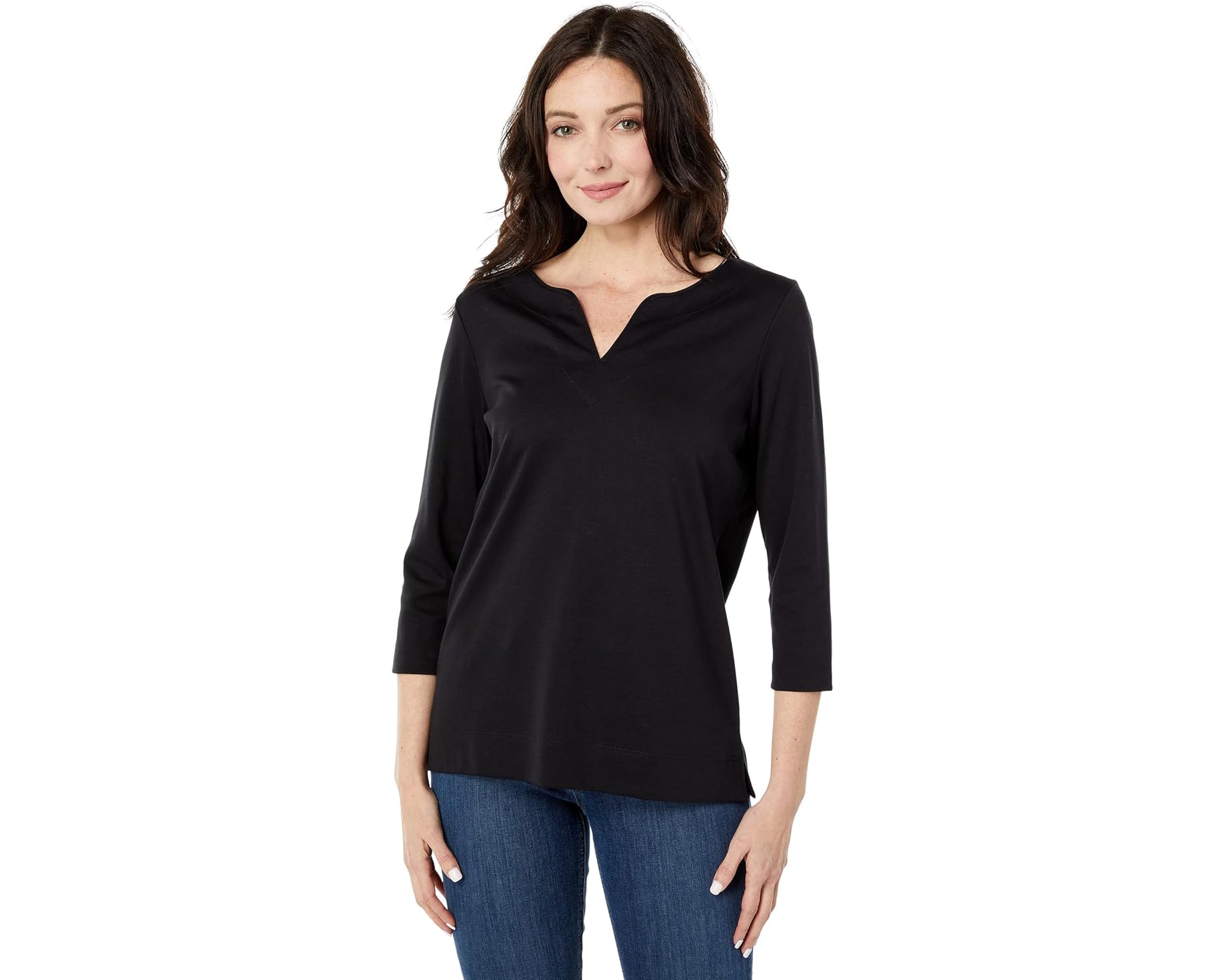 (取寄) エルエルビーン レディース ピマ トップス スプリットネック チュニック 3/4 スリーブ L.L.Bean women Pima Tops Split-Neck Tunic 3/4 Sleeve Black｜スウィートラグ