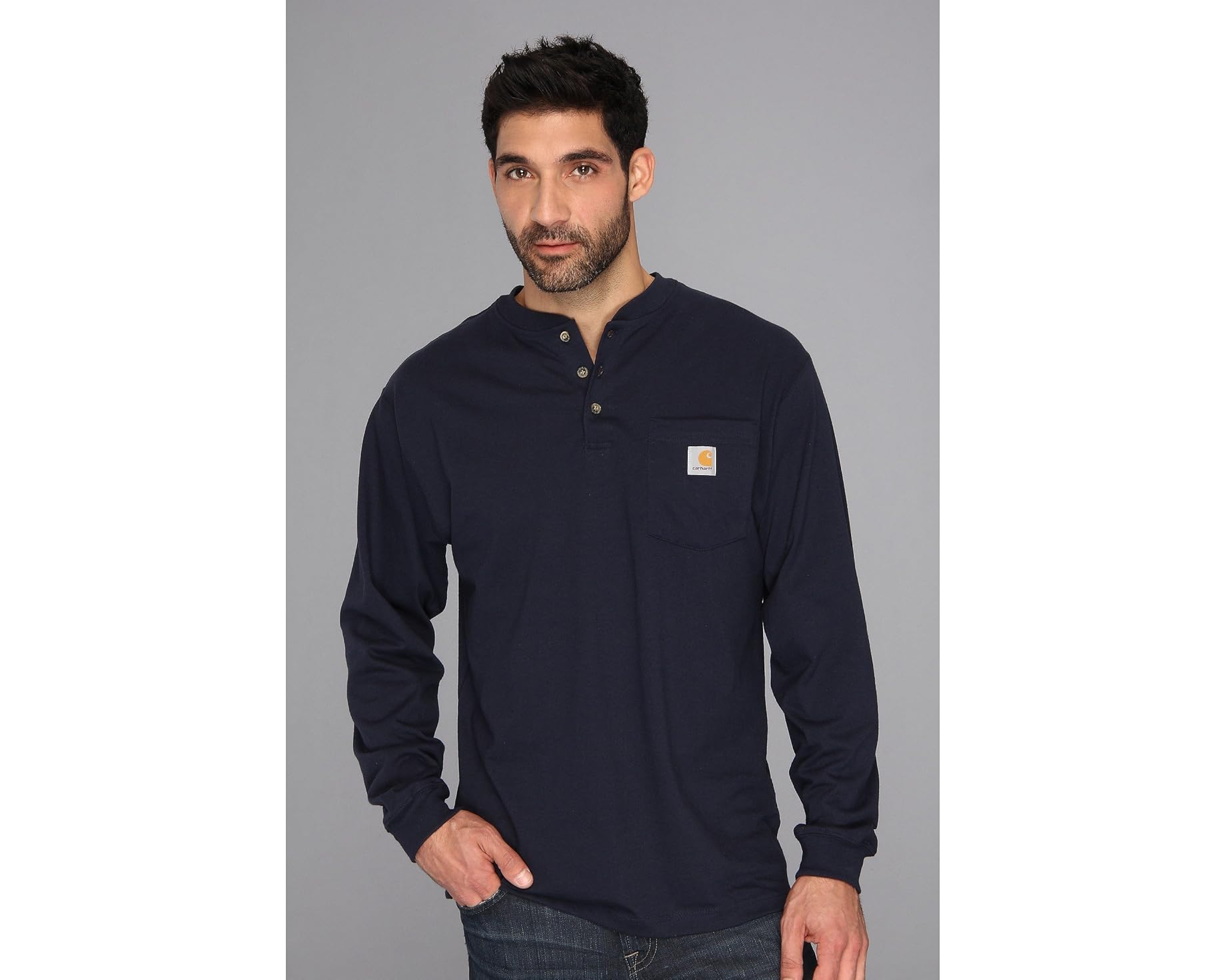 (取寄) カーハート メンズ ワークウェア ポケット L/S ヘンリー Carhartt men Workwear Pocket L/S Henley Navy｜スウィートラグ
