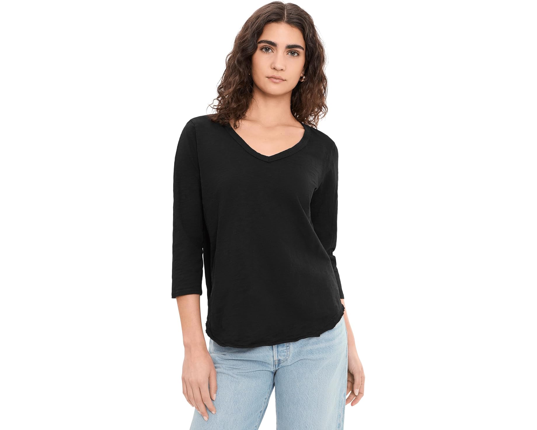 (取寄) モッドオードック レディース 3/4 スリーブ V-ネック ティー ウィズ カーブ ヘム Mod-o-doc women 3/4 Sleeve V-Neck Tee with Curved Hem Black 6｜スウィートラグ
