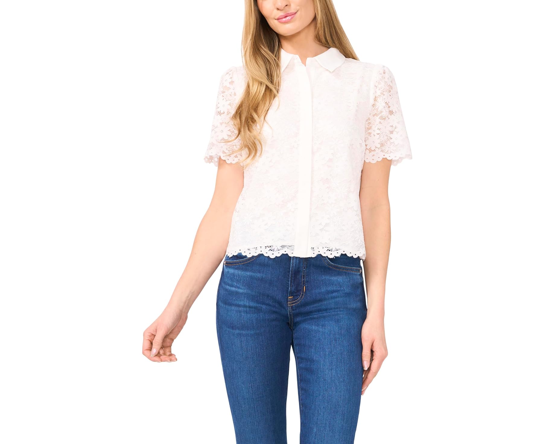 (取寄) シーシー レディース レース ショート スリーブ ヒドゥン プラケット シャツ CeCe women Lace Short Sleeves Hidden Placket Shirt New Ivory｜スウィートラグ