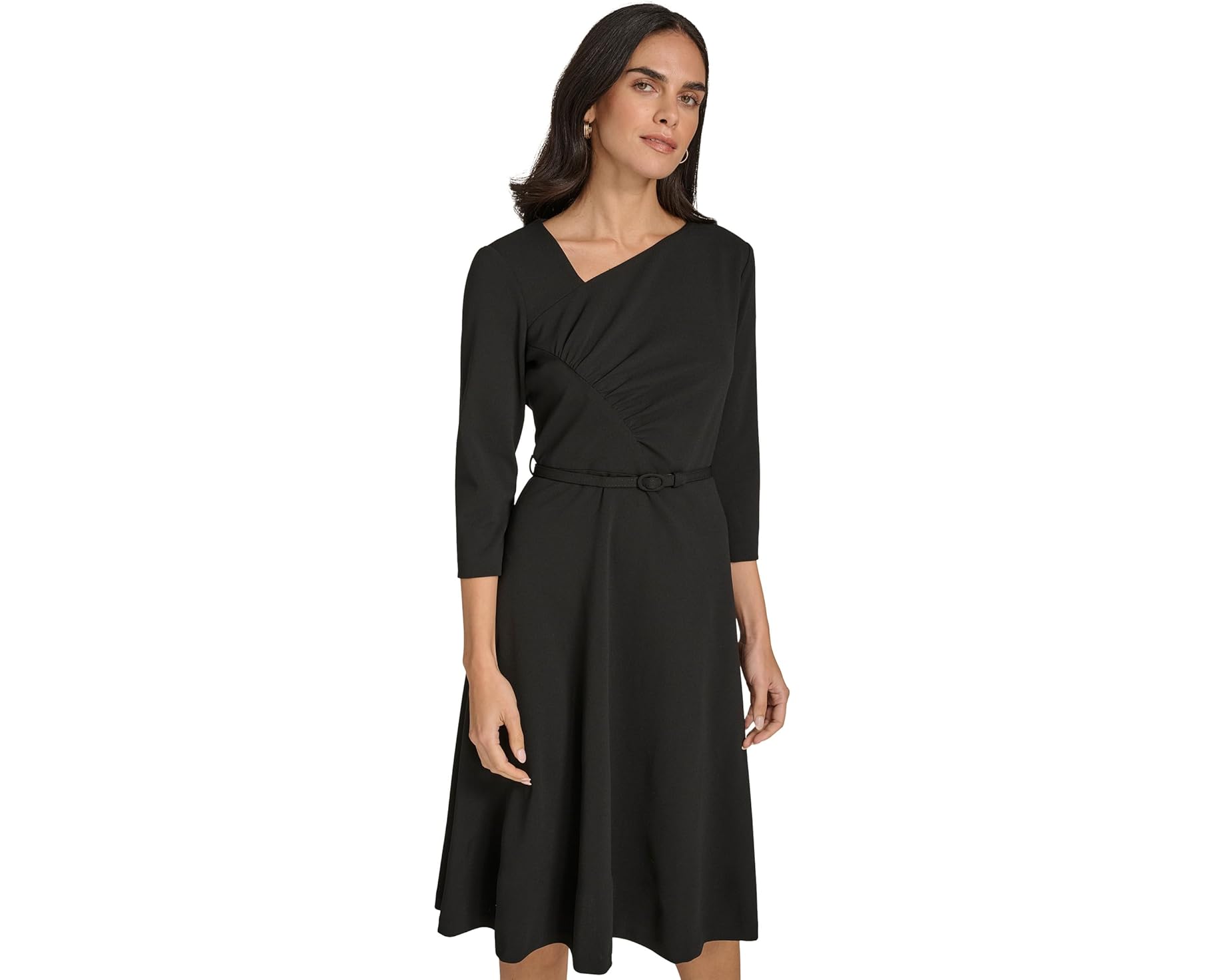 (取寄) カルバンクライン レディース スキューバ クレープ アシム ルースド ネック ミディ ウィズ ベルト Calvin Klein women Scuba Crepe Asym Rouched Neck Midi With Belt Black｜スウィートラグ