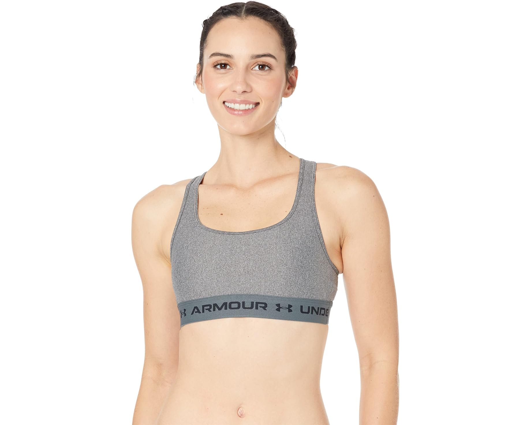 (取寄) アンダーアーマー レディース クロスバック ミッド インパクト ヘザー ブラ Under Armour women Crossback Mid Impact Heather Bra Charcoal Light Heather/Black｜スウィートラグ