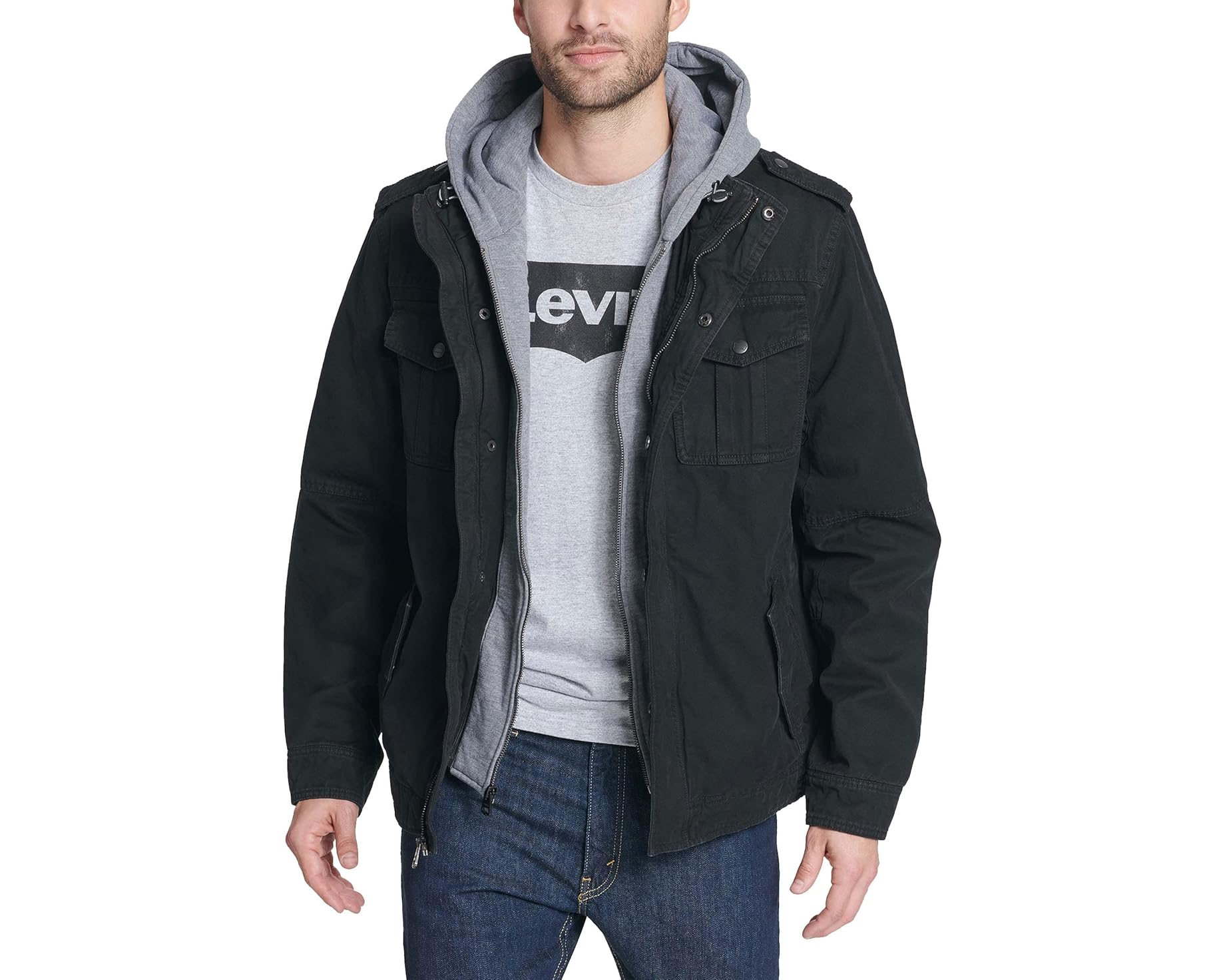 (取寄) メンズ ツー-ポケット ブーディ ウィズ ジップ アウト ジャージ ビブ/フード アンド シェルパ ライニング Levi's men Two-Pocket Hoodie with Zip Out Jersey Bib/Hood and Sherpa Lining Black 1|スウィートラグ