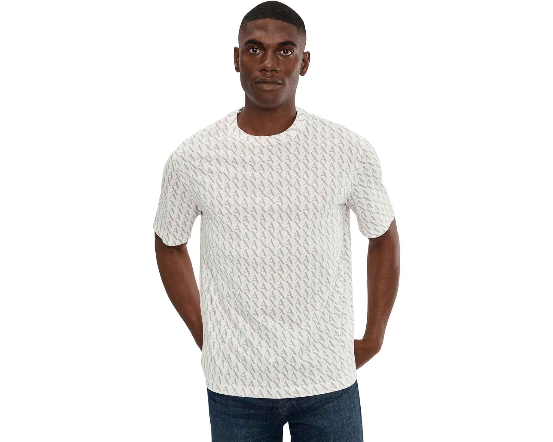 (取寄) アルマーニエクスチェンジ メンズ オール オーバー ロゴ ティー Armani Exchange men All Over Logo Tee Off-White/Ash All Over｜スウィートラグ
