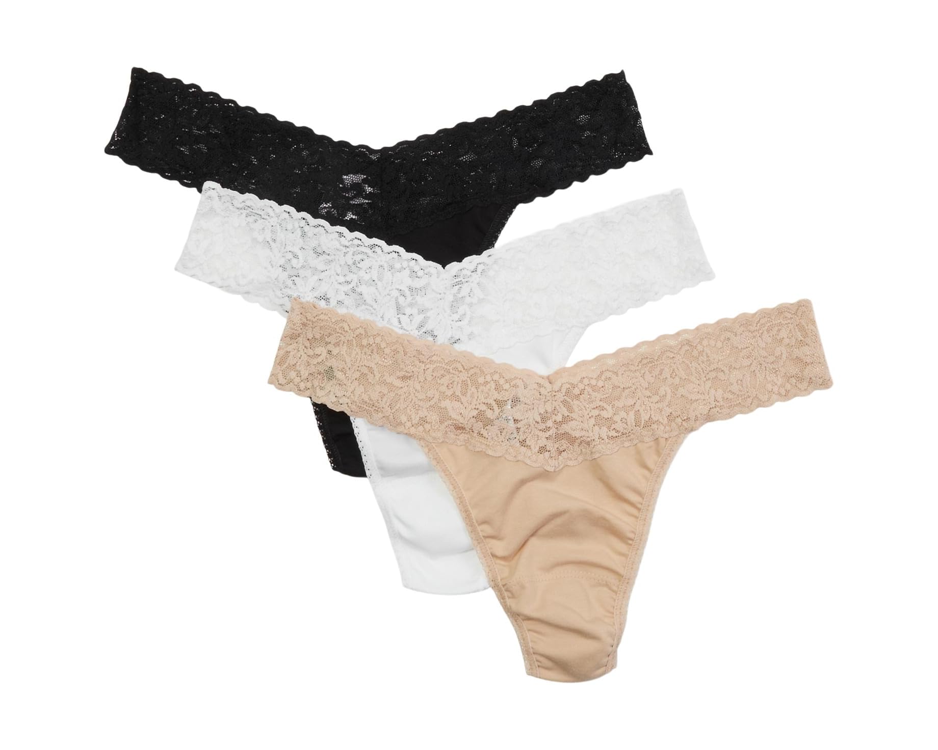 (取寄) ハンキー パンキー レディース オーガニック コットン オリジナル ライズ トング W/ レース 3-パック Hanky Panky women Organic Cotton Original Rise Thong w/ Lace 3-Pack Black/White/Chai｜スウィートラグ