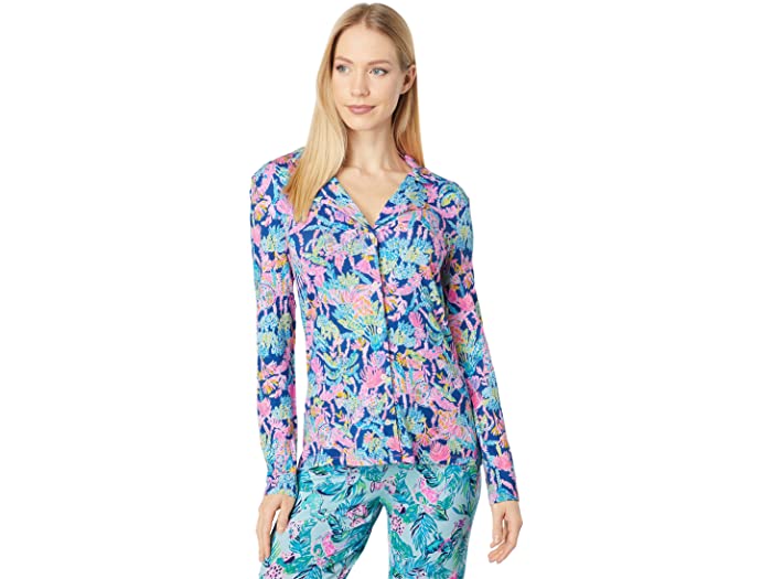 (取寄) リリー ピュリッツァー ニット ロング スリーブ ボタンアップ トップ Lilly Pulitzer Pj Knit Long Sleeve Button-Up Top Oyster Bay Navy Seen and Herd Knit