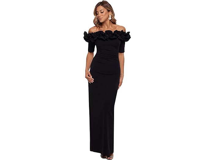 (取寄) エスケイプ レディース ロング クレープ オフ ザ ショルダー ラッフル ショート スリーブ XSCAPE women Long Crepe Off The Shoulder Ruffle Short Sleeve Black