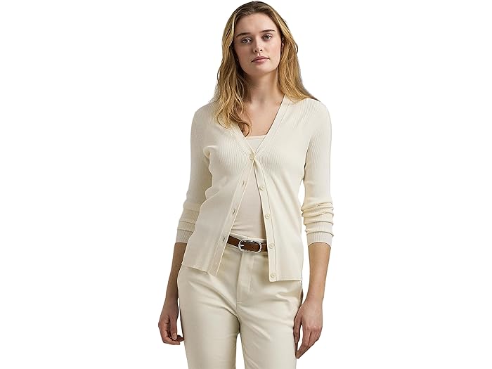 (取寄) ローレン ラルフローレン リブド V-ネック カーディガン Lauren Ralph Lauren Ribbed V-Neck Cardigan Mascarpone Cream