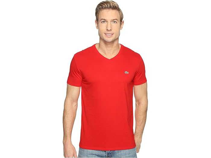 (取寄) ラコステ メンズ ショート スリーブ ピマ ジャージ V-ネック Tシャツ Lacoste men Short Sleeve Pima Jersey V-Neck T-Shirt Red