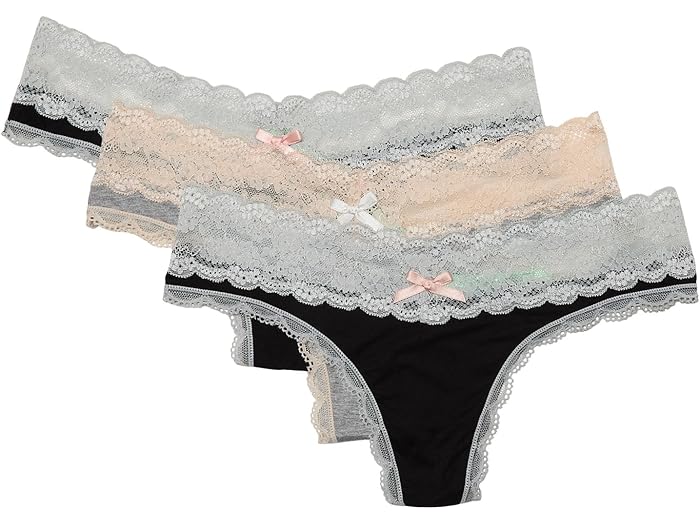 (取寄) ハニーデュー インティメイト レディース アーナ トング 3-パック Honeydew Intimates women Ahna Thong 3-pack Black Silver/Heather Grey Seashell/Black Silver 9,864円