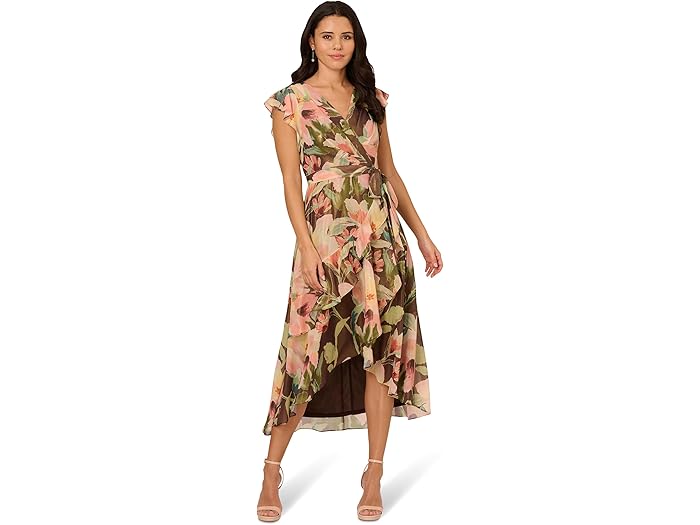 (取寄) アドリアナ パぺル レディース フローラル ハイ-ロウ ミディ ドレス Adrianna Papell women Floral Hi-Low Midi Dress Brown Multi
