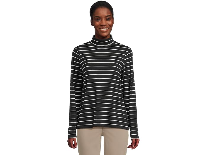 (取寄) エルエルビーン レディース ソフト ストレッチ スーピマ タートルネック ロング スリーブ ストライプ L.L.Bean women Soft Stretch Supima Turtleneck Long Sleeve Stripe Dark Black/White