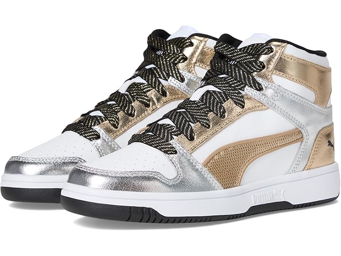 (取寄) プーマ キッズ キッズ リバウンド レイアップ ミッド シューズ (ビッグ キッド) PUMA Kids kids Rebound Layup Mid Shoes (Big Kid) Puma White/Puma Gold/Puma Silver