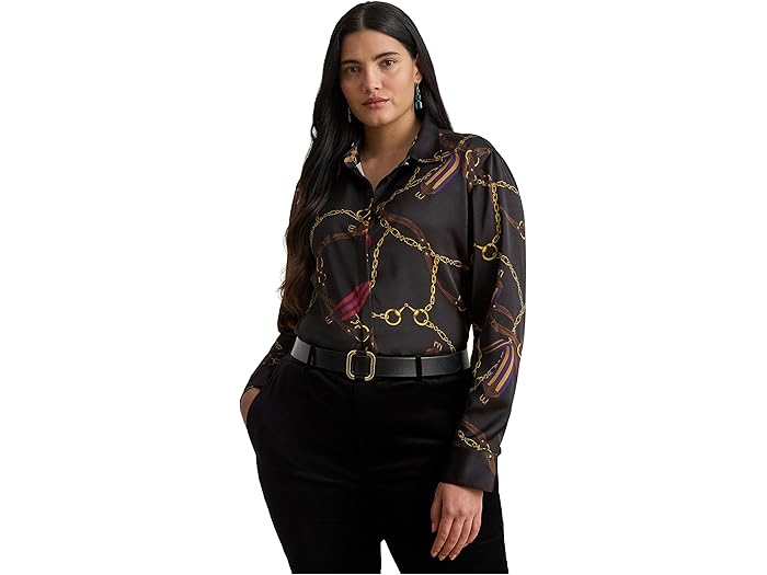 (取寄) ローレン ラルフローレン レディース プラス サイズ クラシック フィット ベルティング-プリント サテン シャツ Lauren Ralph Lauren women Plus Size Classic Fit Belting-Print Satin Shirt Black Multi