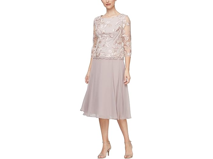 (取寄) アレックス イブニングス レディース ティー レングス モック エンブロイダー ドレス Alex Evenings women Tea Length Mock Embroidered Dress Latte