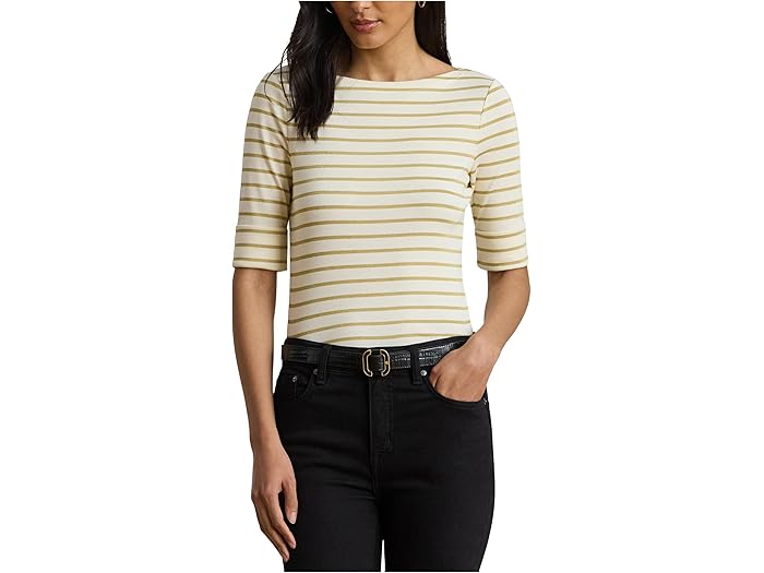 (取寄) ローレン ラルフローレン レディース ピティート メタリック ストライプド ボートネック ティー Lauren Ralph Lauren women Petite Metallic Striped Boatneck Tee Mascarpone Cream/Gold Metallic