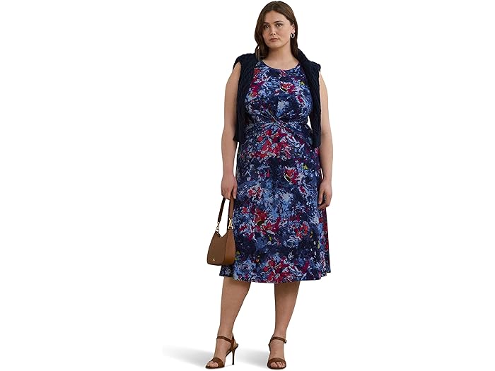 (取寄) ローレン ラルフローレン レディース プラス サイズ プリント ツイスト-フロント ジャージ ドレス Lauren Ralph Lauren women Plus Size Print Twist-Front Jersey Dress Blue Multi
