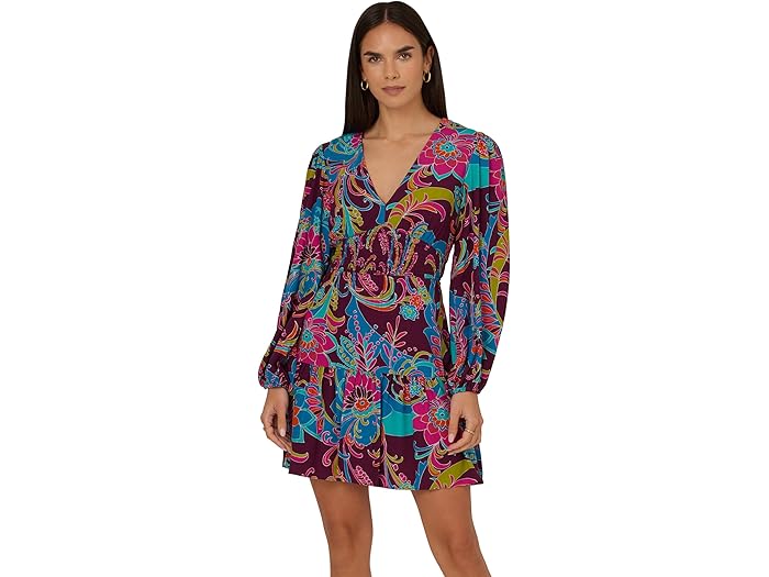 (取寄) アドリアナ パぺル レディース プリンテッド フリル ショート ドレス Adrianna Papell women Printed Flounce Short Dress Purple Multi