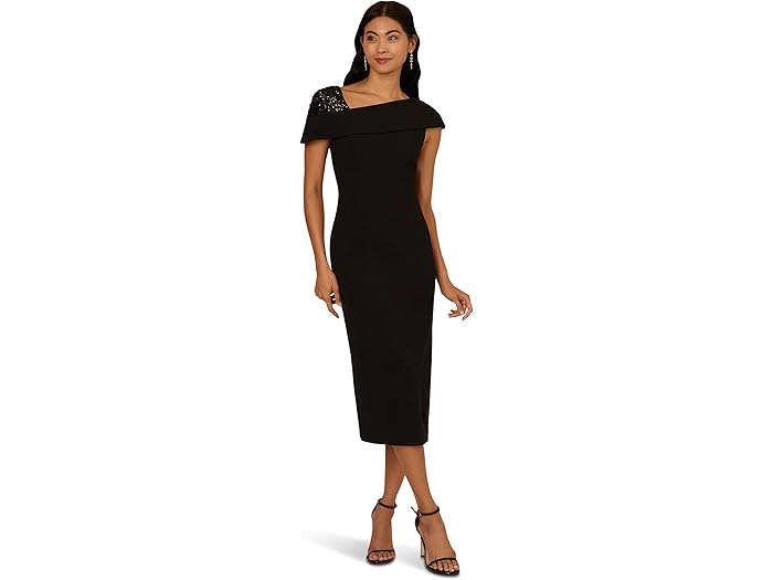 (取寄) アドリアナ パぺル レディース ビーデッド クレープ ミディ ドレス Adrianna Papell women Beaded Crepe Midi Dress Black